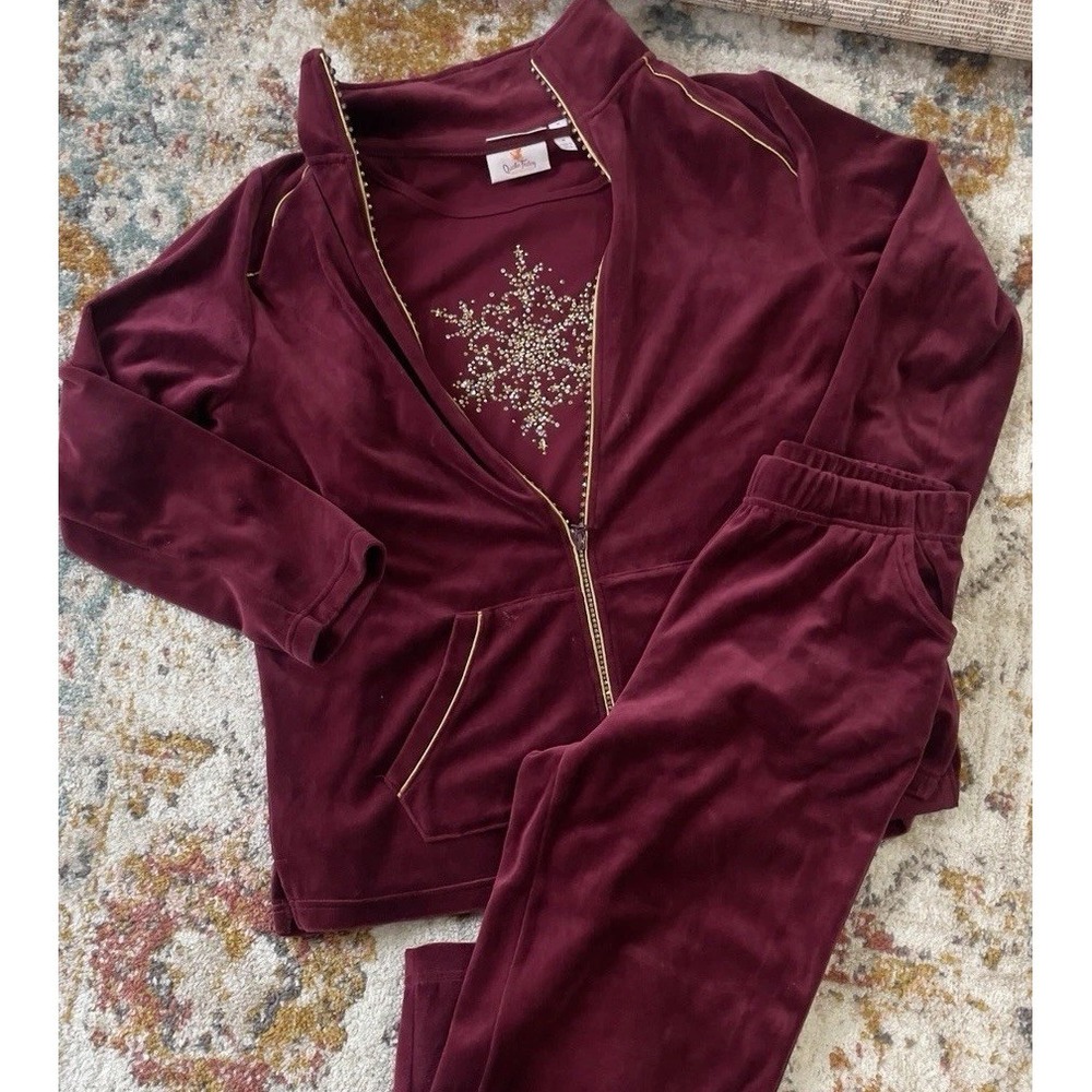 Quacker Factory Velvet Track Suit 3 Pc. Set Holiday Snowflake Rhinestone Zip S/M